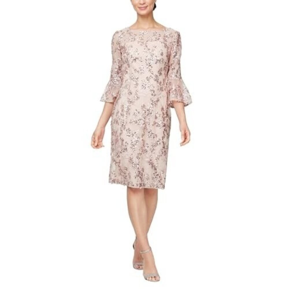 Alex Evenings Womens Size 6 Rose Gold Short Shift Cocktail Dress Bell Sleeve NEW